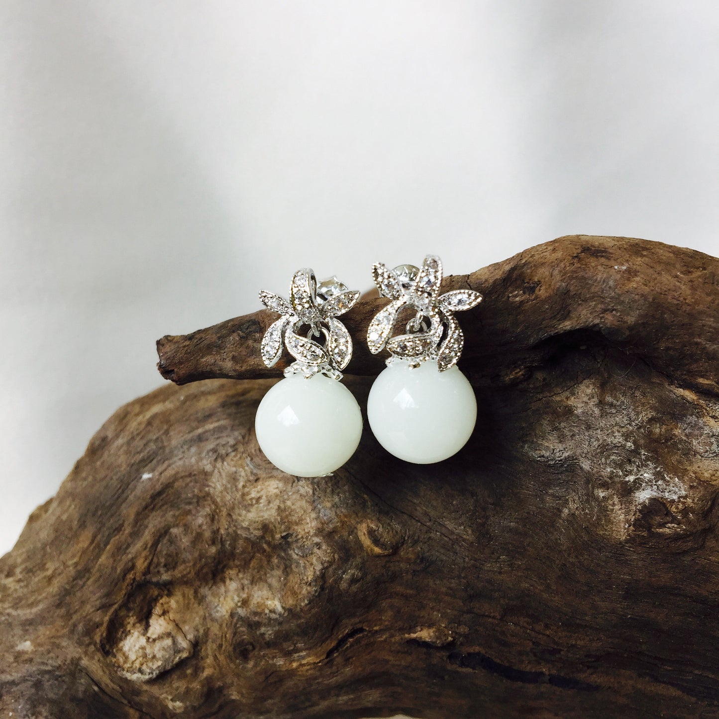 STERLING SILVER CUBIC ZIRCONIA FLORAL PEARL DROP STUD EARRINGS