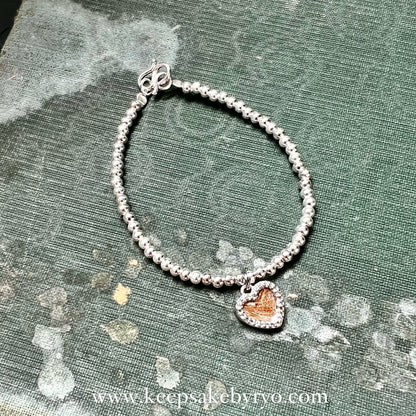 925 SILVER BEADS BRACELET: 10MM HEART CUBIC ZIRCONIA INCLUSION PENDANT